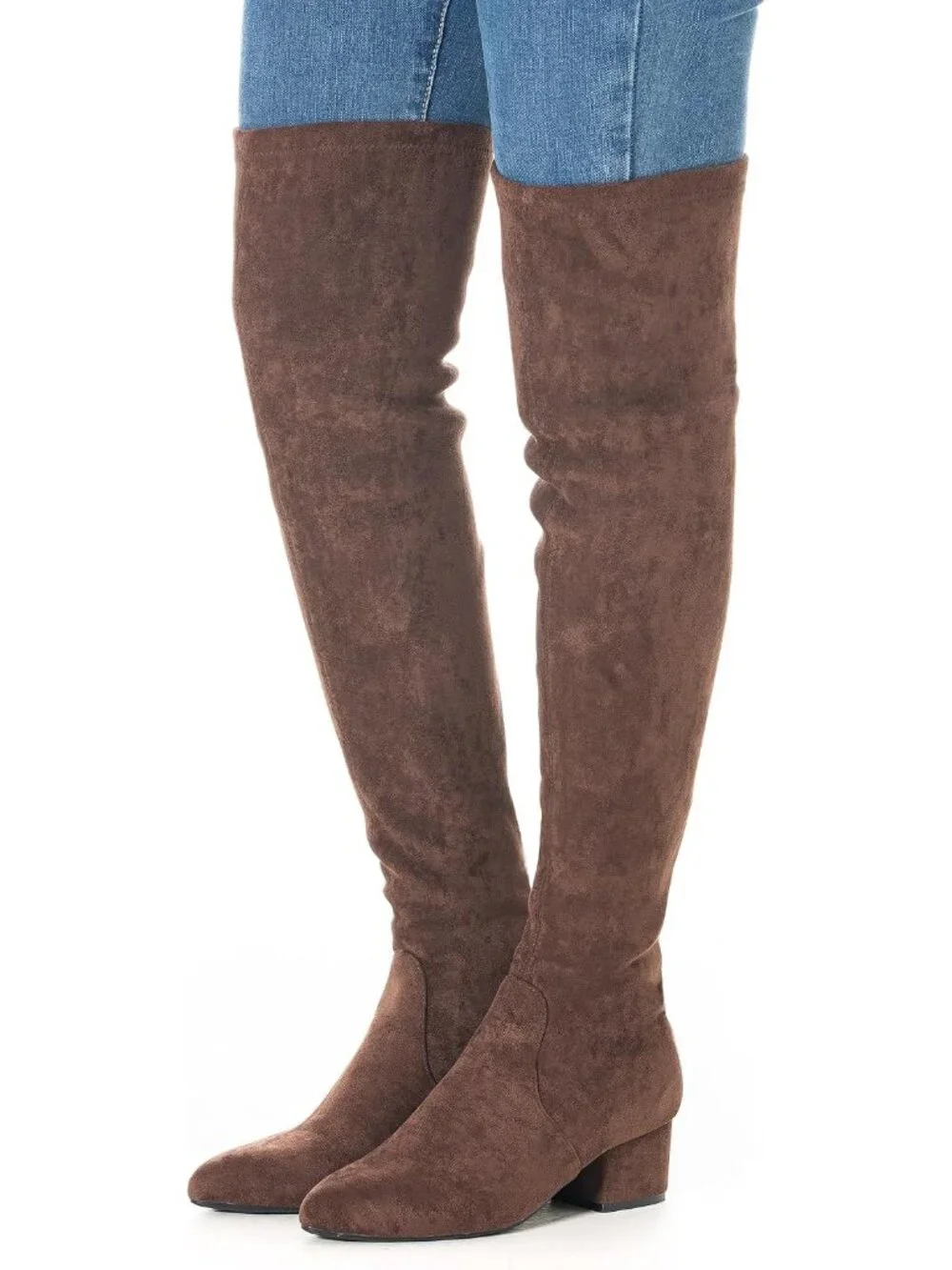 Women's Coffee 2 Inch Pointed Toe Chunky Block Heel Over The Knee High Boots
